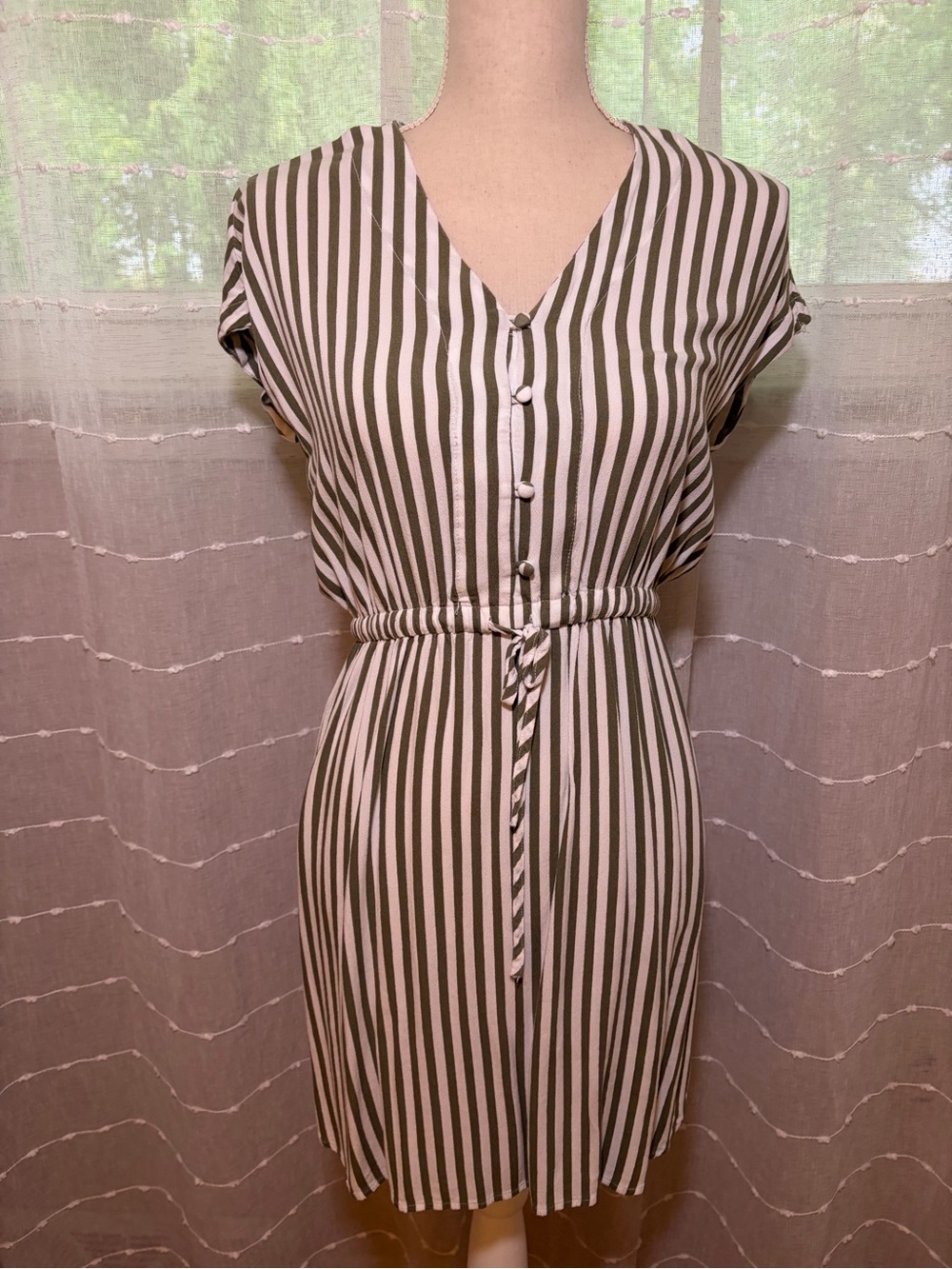 H&M Olive & White Vertical-Stripe Midi Dress